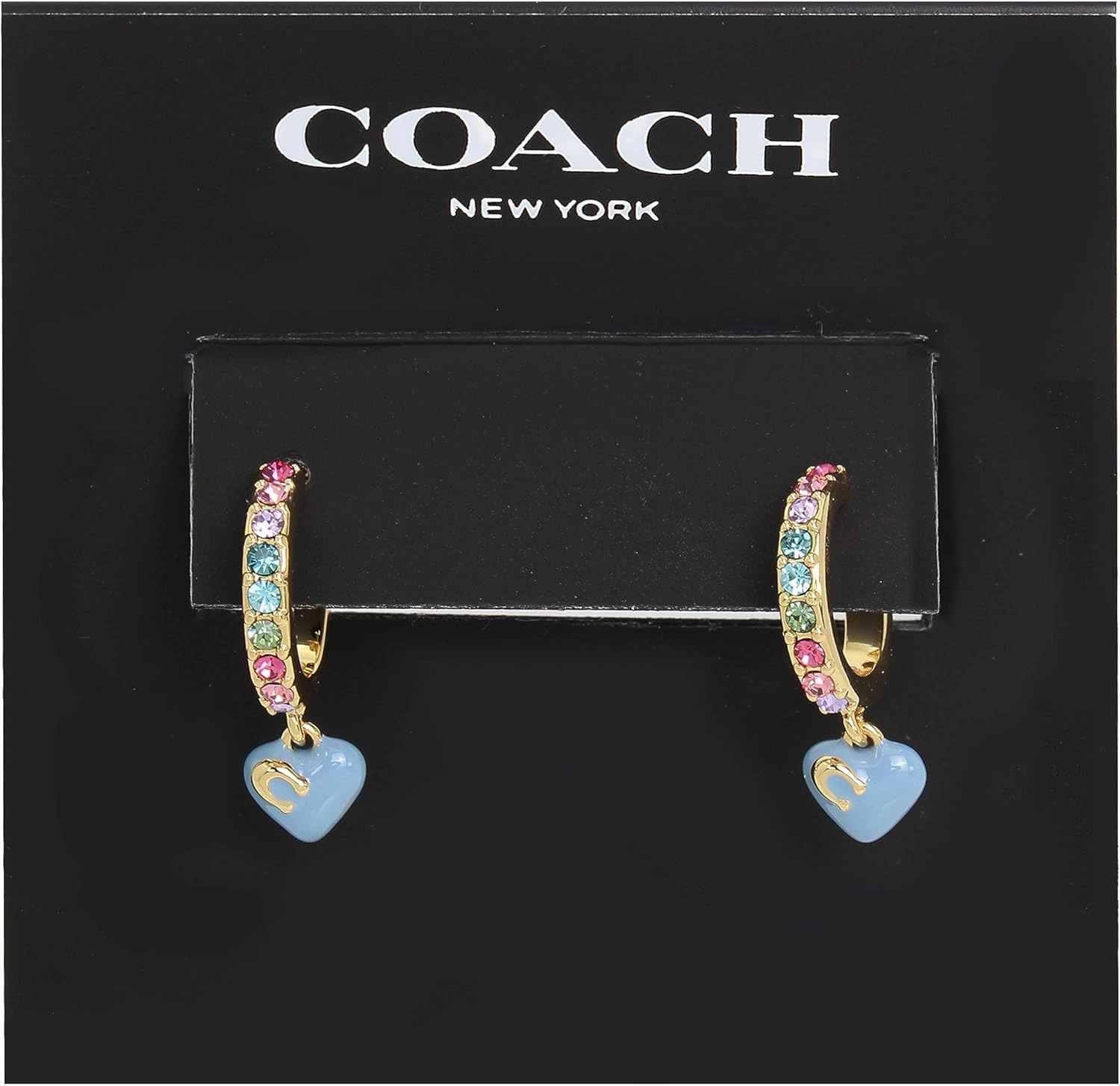COACH Pave Enamel Heart Huggie Earrings