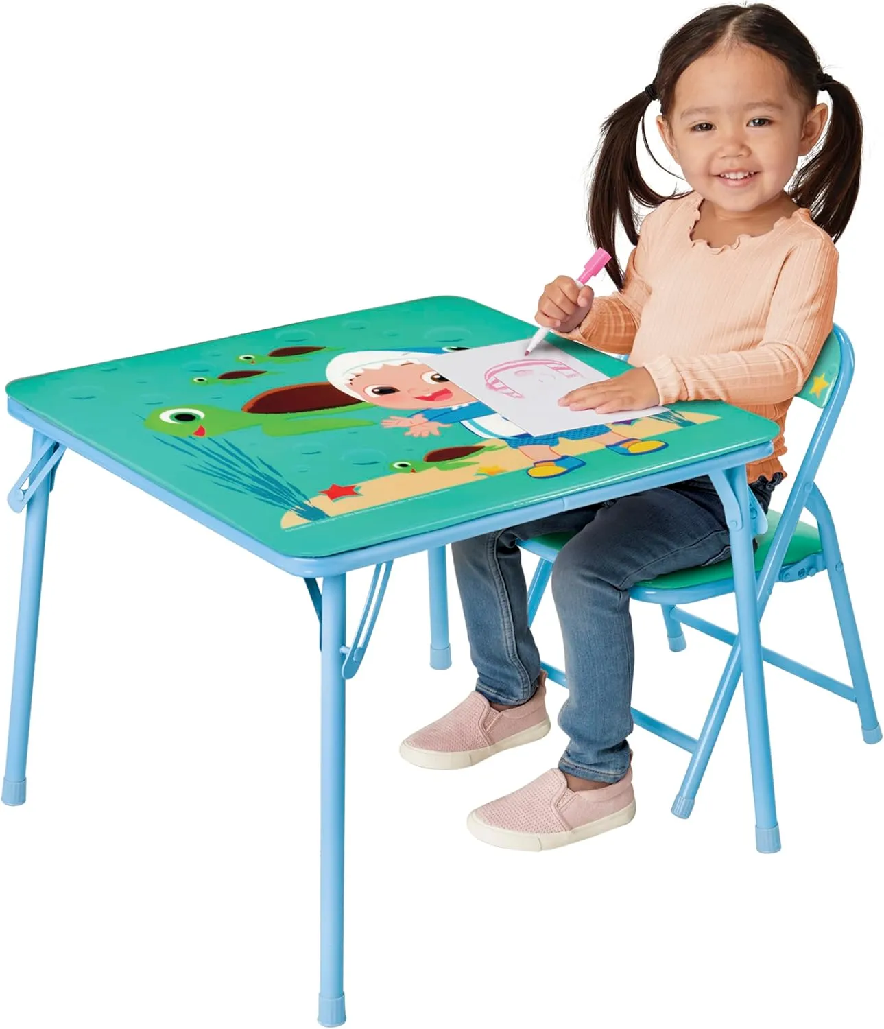 CoComelon Table & Chair Set for Toddlers 24-48M, Includes 1 Table & 1 Chair - Sturdy Metal Construction, Table: 20" L x 20" W x 16.4" H, Chair: 12" L x 11.6" W x 17.7" H - Weight Limit: 70 lbs