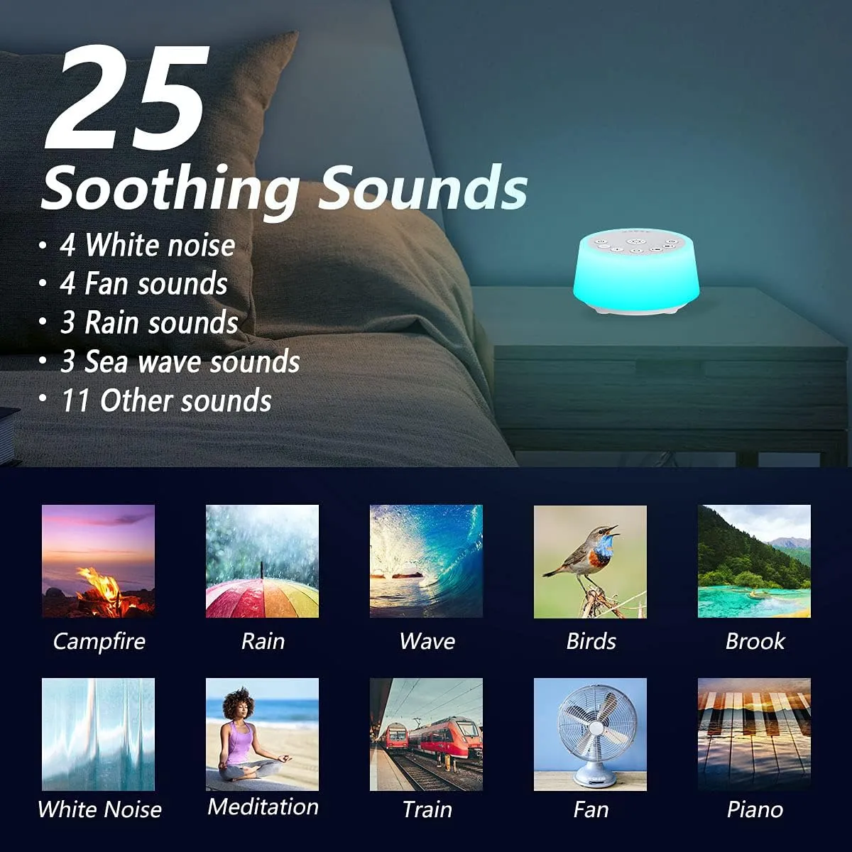 Color Noise Sound Machines with 10 Colors Night Light 25 Soothing Sounds and Sleep White Noise Machine 32 Volume Levels 5 Timers Adjustable Brightness Memory Function for Adults Kids Baby