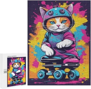 Colorful Animals 500 Pieces Adult Jigsaw Puzzle,Skateboarding Cat Jigsaw Puzzle,Family Parent- Jigsaw Puzzle Fun Challenge,Animalspuzzle,Home Decoration Or Gifts