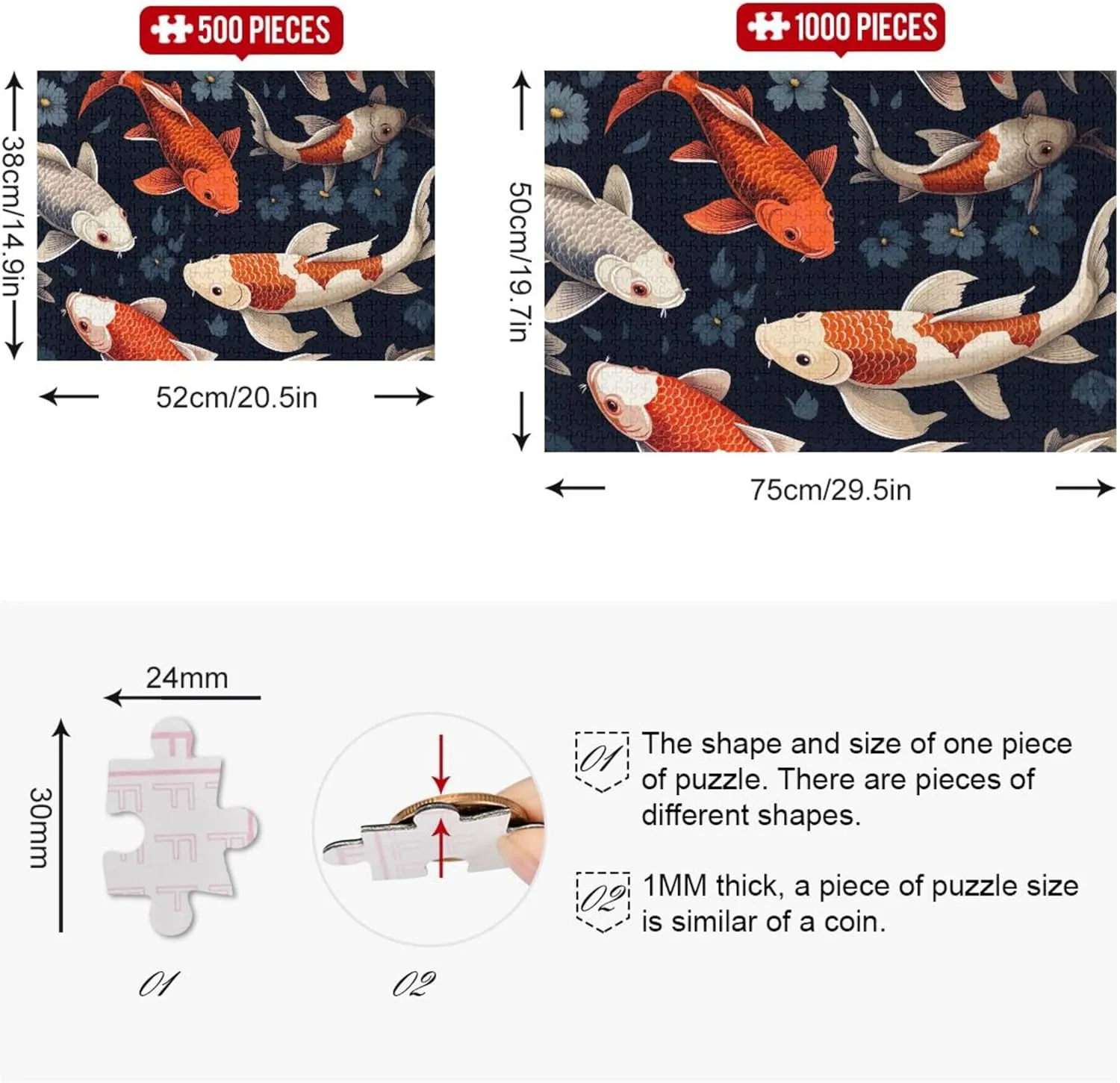 Colorful Koi Fish Print 1000 Piece Puzzles Jigsaw Adults Game Puzzle Gifts Fun Art Puzzle Animal Painting Decor, 29.5x19.7 Inch