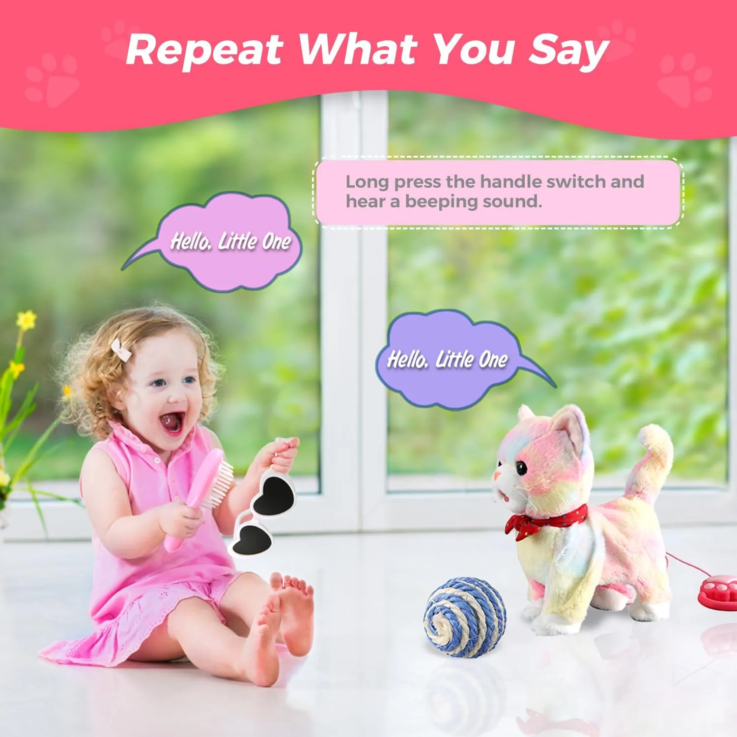 Colorful Leash Walking Cat Set Toy Interactive Talking Cat Singing Dancing Kitten Mimicking Repeat What You Say Kitty Touch and Voice Control Nodding Wagging Tail Plush Electric Robot for Kid Girl