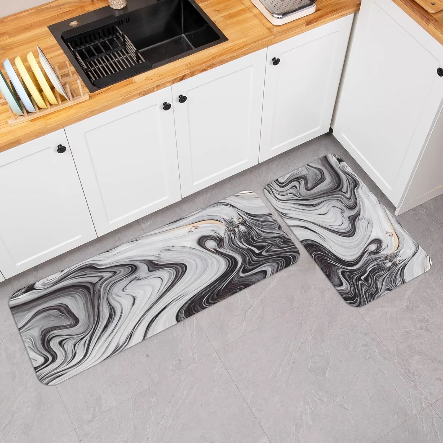 Colorful Star 2-Piece Kitchen Runner Rug Set - Cushioned Anti-Fatigue Mats for Kitchen, Laundry, and Office - Ergonomic Comfort Foam - Waterproof, Non-Slip - Black Gold Marble Design