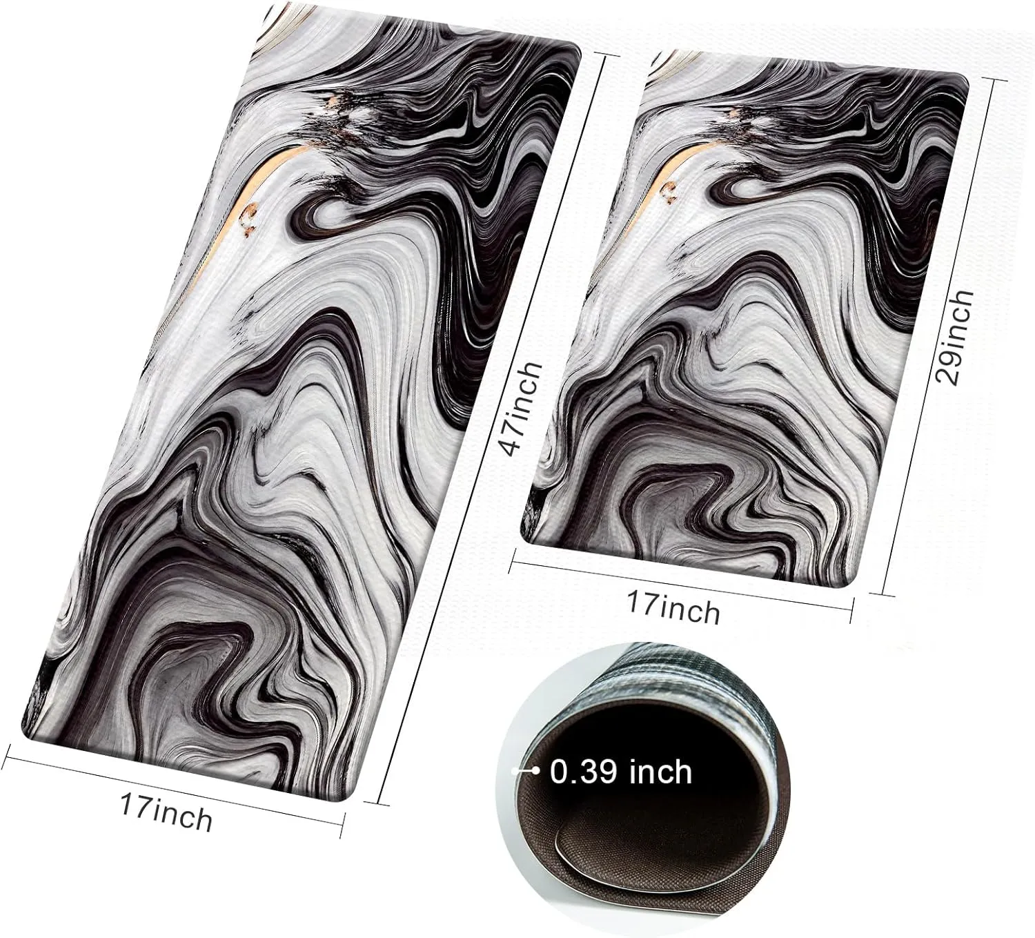 Colorful Star 2-Piece Kitchen Runner Rug Set - Cushioned Anti-Fatigue Mats for Kitchen, Laundry, and Office - Ergonomic Comfort Foam - Waterproof, Non-Slip - Black Gold Marble Design