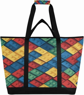 Colorful Block Cubes Reusable Insulated Lunchbox Cooler Bag, Leakproof Kitchen Grocery Bag Collapsible Portable Cooler Tote Bag for Picnic, Camping, Office, Travel