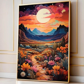 Colorful Cactus Canvas Wall Art Abstract Landscape Artwork Mountain Sunset Painting Western Desert Pictures Colorful Landscape Prints Desert Botanical Wall Art Cactus Flower Print 16x24in No Frame