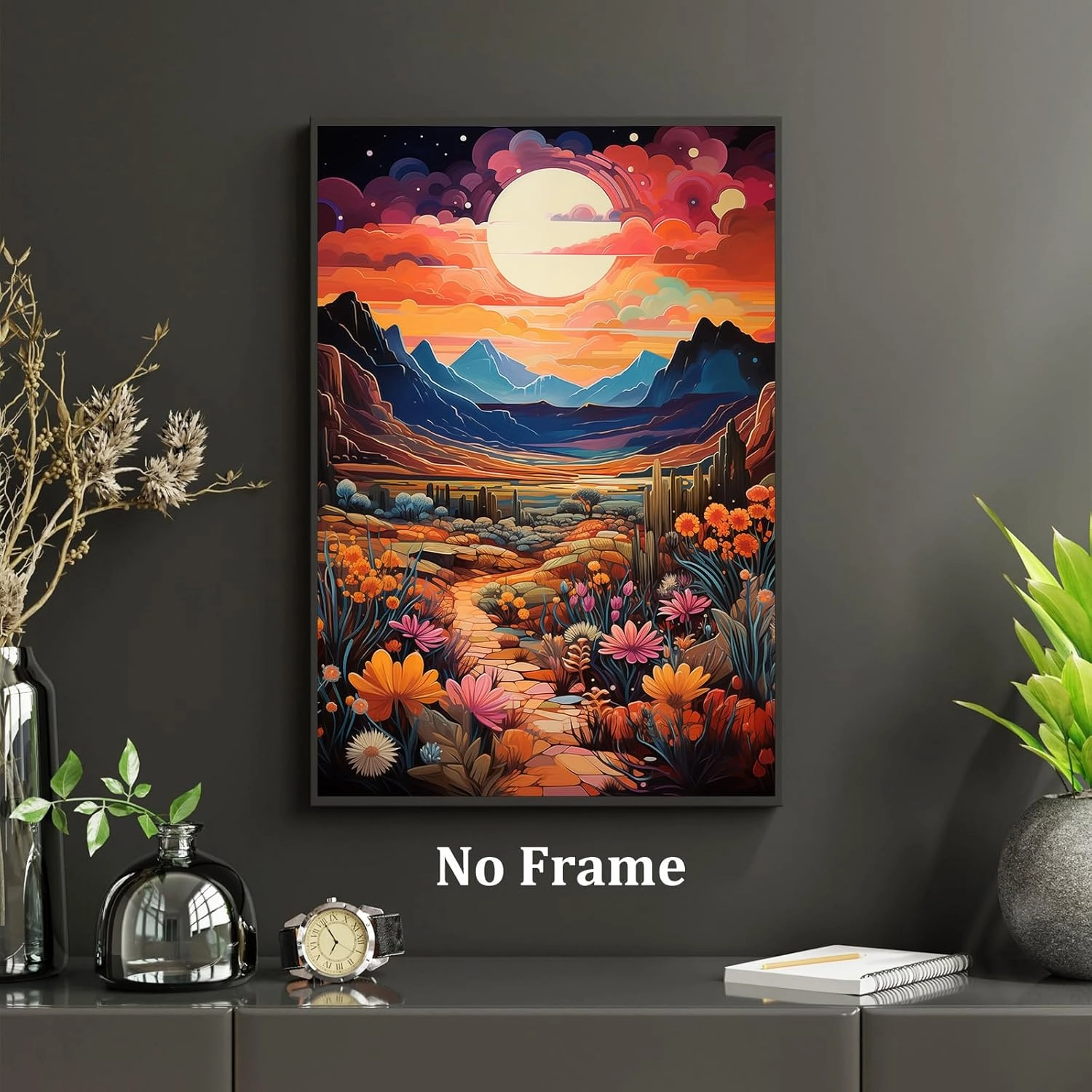 Colorful Cactus Canvas Wall Art Abstract Landscape Artwork Mountain Sunset Painting Western Desert Pictures Colorful Landscape Prints Desert Botanical Wall Art Cactus Flower Print 16x24in No Frame