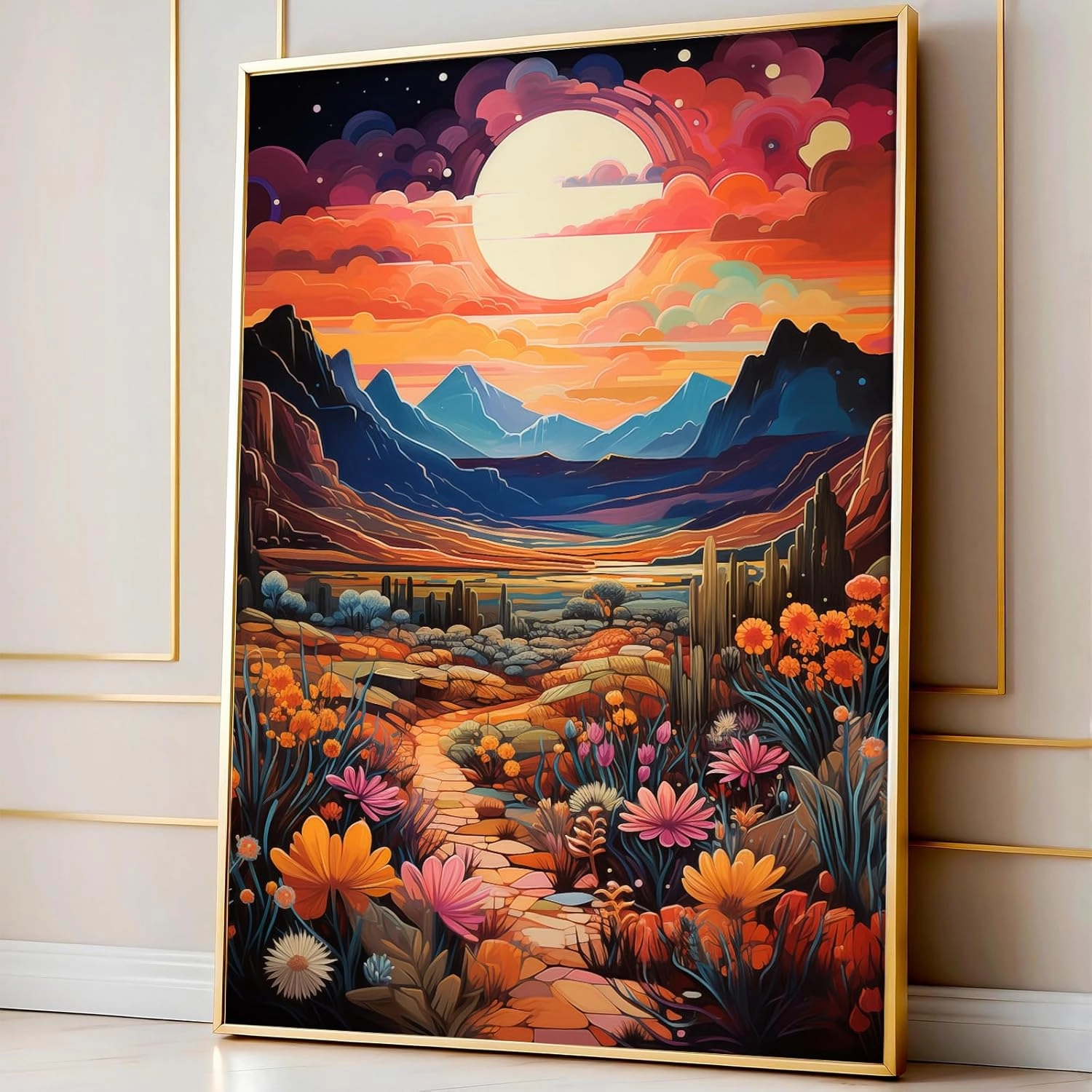 Colorful Cactus Canvas Wall Art Abstract Landscape Artwork Mountain Sunset Painting Western Desert Pictures Colorful Landscape Prints Desert Botanical Wall Art Cactus Flower Print 16x24in No Frame