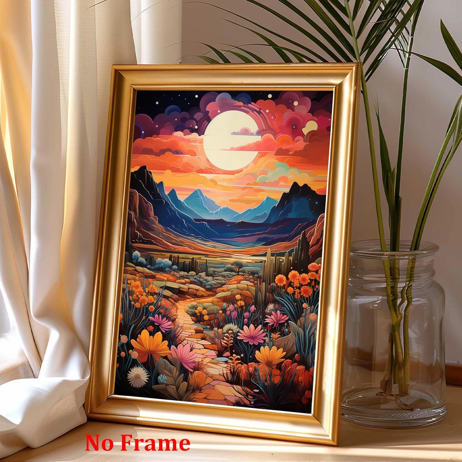 Colorful Cactus Canvas Wall Art Abstract Landscape Artwork Mountain Sunset Painting Western Desert Pictures Colorful Landscape Prints Desert Botanical Wall Art Cactus Flower Print 16x24in No Frame