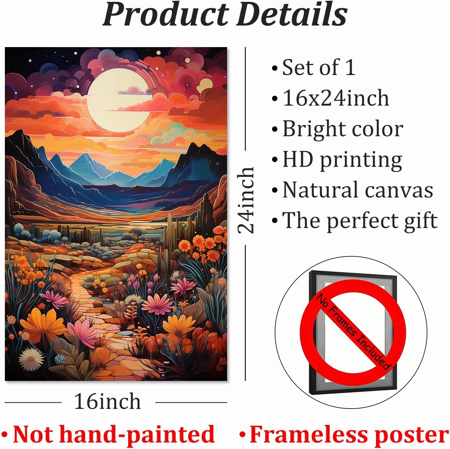 Colorful Cactus Canvas Wall Art Abstract Landscape Artwork Mountain Sunset Painting Western Desert Pictures Colorful Landscape Prints Desert Botanical Wall Art Cactus Flower Print 16x24in No Frame