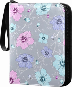 Colorful Flowers Print 4 Pockets Trading Card Album Folder for Cards PU Waterproof Wear-resistant Cover Zip Card Binder Fits 400 Cards,Card Collector Holder for Collectible Boys Girls Game Sports Card