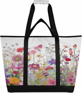 Colorful Flowers Reusable Insulated Lunchbox Cooler Bag, Leakproof Kitchen Grocery Bag Collapsible Portable Cooler Tote Bag for Picnic, Camping, Office, Travel