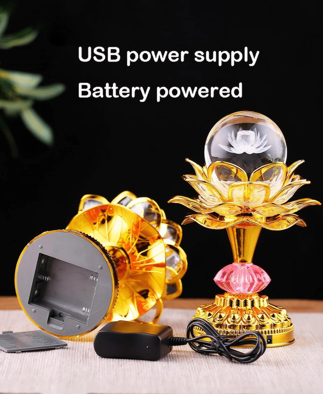 Colorful LED Crystal Ball Lotus Buddhist Lamp, Built 53 Buddhist Songs, Gradient Buddha Light for Worship, Prayer and Display, Low Power Consumption, Eco, Buddhist Supplies - Gold