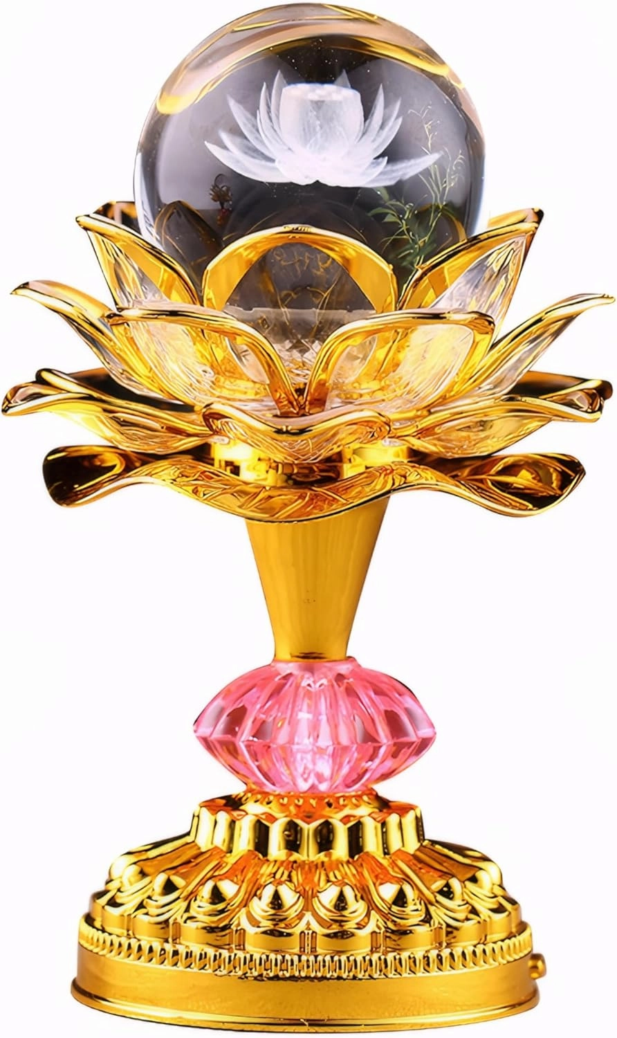 Colorful LED Crystal Ball Lotus Buddhist Lamp, Built 53 Buddhist Songs, Gradient Buddha Light for Worship, Prayer and Display, Low Power Consumption, Eco, Buddhist Supplies - Gold