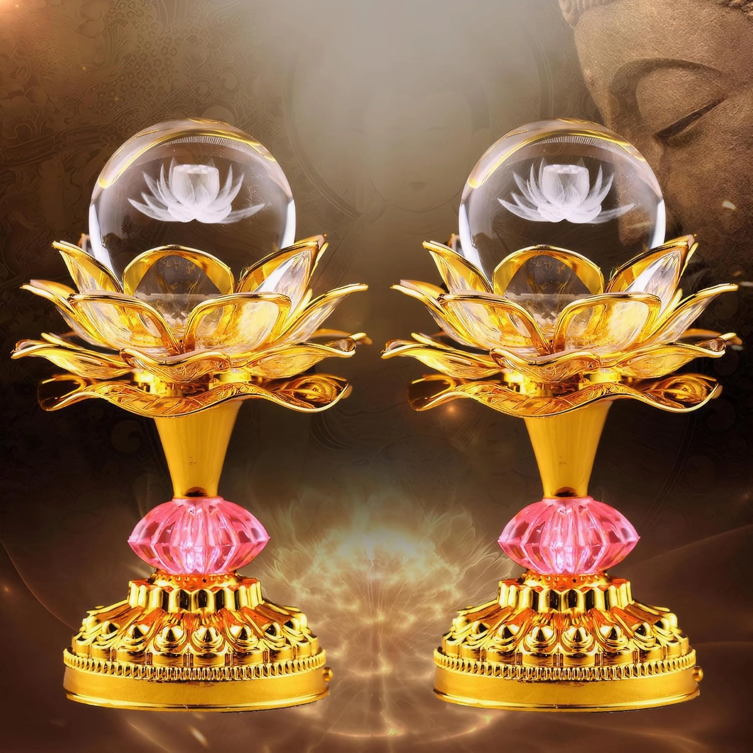 Colorful LED Crystal Ball Lotus Buddhist Lamp, Built 53 Buddhist Songs, Gradient Buddha Light for Worship, Prayer and Display, Low Power Consumption, Eco, Buddhist Supplies - Gold