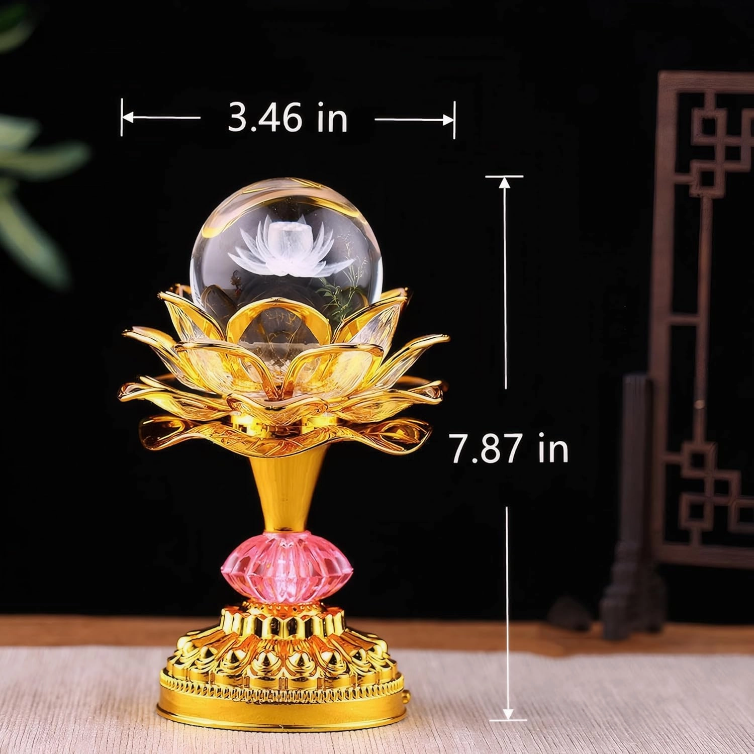 Colorful LED Crystal Ball Lotus Buddhist Lamp, Built 53 Buddhist Songs, Gradient Buddha Light for Worship, Prayer and Display, Low Power Consumption, Eco, Buddhist Supplies - Gold