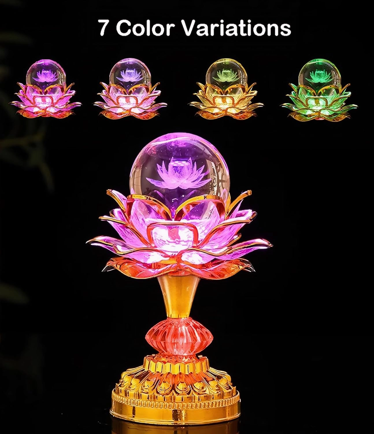 Colorful LED Crystal Ball Lotus Buddhist Lamp, Built 53 Buddhist Songs, Gradient Buddha Light for Worship, Prayer and Display, Low Power Consumption, Eco, Buddhist Supplies - Gold