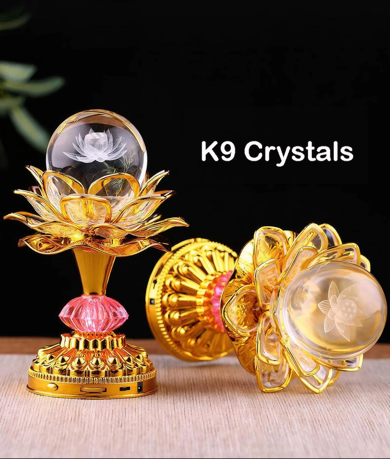 Colorful LED Crystal Ball Lotus Buddhist Lamp, Built 53 Buddhist Songs, Gradient Buddha Light for Worship, Prayer and Display, Low Power Consumption, Eco, Buddhist Supplies - Gold