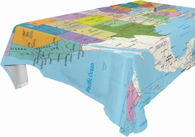 Colorful USA Political Road Map with Roads, Water Objects and Cities Rectangle Wrinkle Tablecloth, Stain Proof Table Cloth Cover for Indoor Dining Outdoor Party Picnic Decor 60 x 108 in