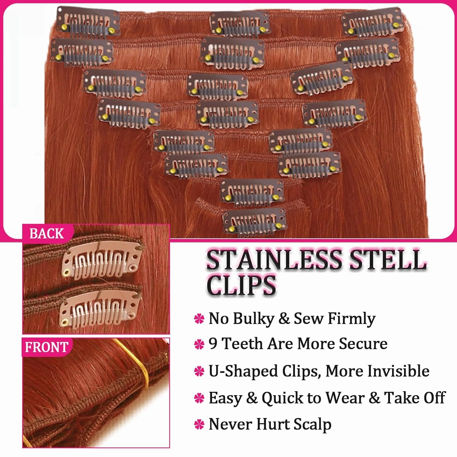 Copper Human Hair Clip in Extensions Colorful 8pcs 120g Seamless Clip in Hair Extensions Ginger Real Hair Extensions Clip Ins Human Hair for Women Soft Straight Extensions Thick End 22inch