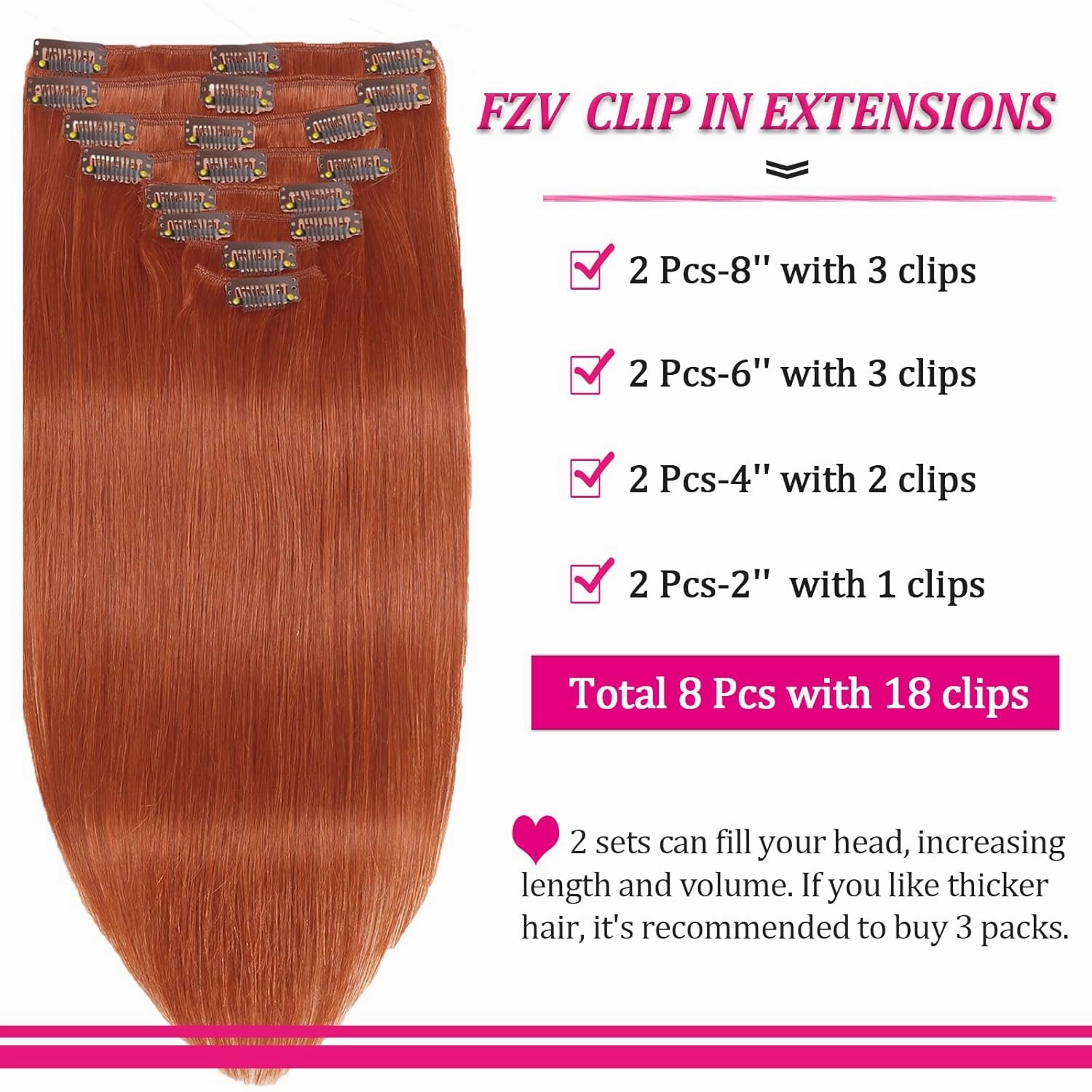 Copper Human Hair Clip in Extensions Colorful 8pcs 120g Seamless Clip in Hair Extensions Ginger Real Hair Extensions Clip Ins Human Hair for Women Soft Straight Extensions Thick End 22inch