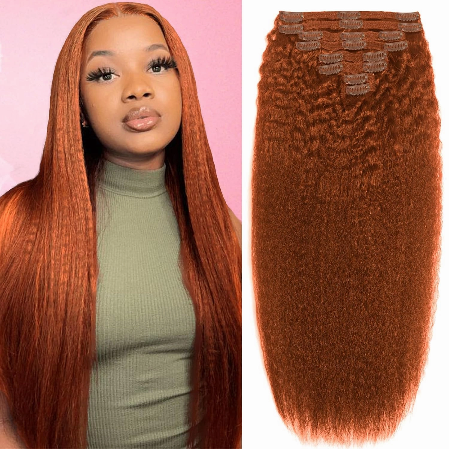 Copper Human Hair Clip Ins 8pcs 120g Colorful Kinky Straight Clip in Hair Extensions Real Hair Clip in Human Hair for Women Soft Straight Hair Extensions Thick End 22inch