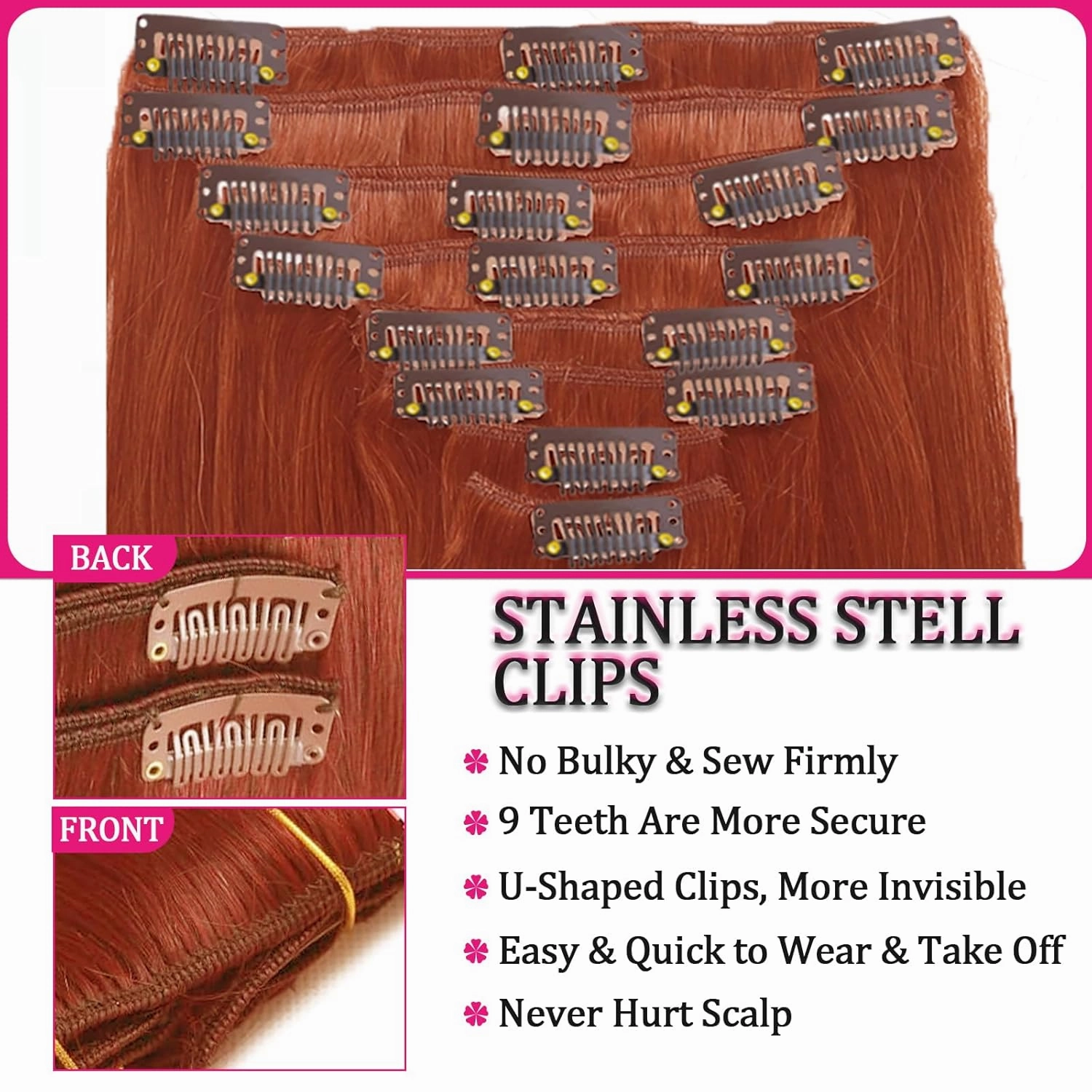 Copper Human Hair Clip Ins 8pcs 120g Colorful Kinky Straight Clip in Hair Extensions Real Hair Clip in Human Hair for Women Soft Straight Hair Extensions Thick End 22inch
