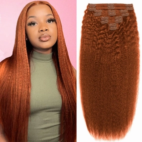 Copper Human Hair Clip Ins 8pcs 120g Colorful Kinky Straight Clip in Hair Extensions Real Hair Clip in Human Hair for Women Soft Straight Hair Extensions Thick End 22inch