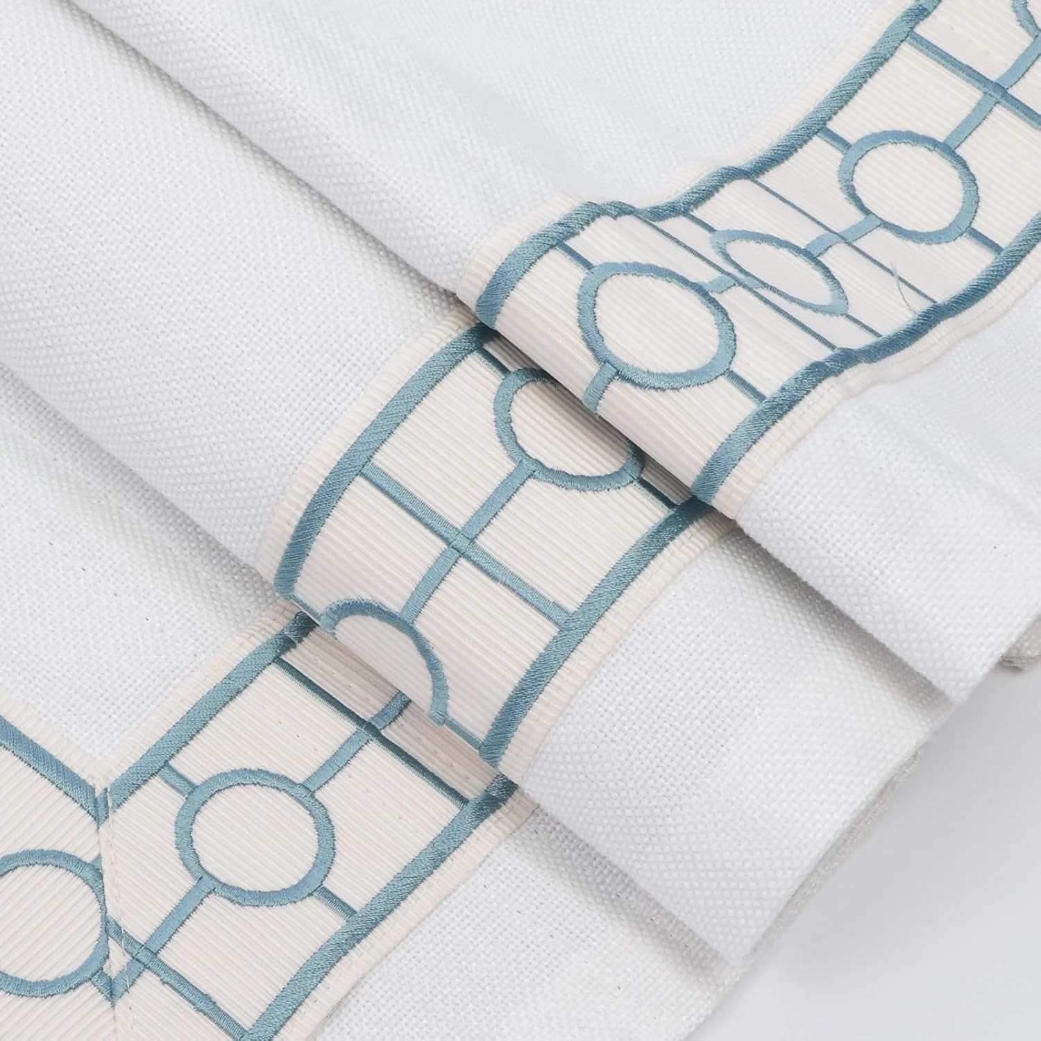 Cordless Roman Shades, Blackout Roman Shades, White Embroidered Blue Border Window Shades for Windows, Doors, Kitchen Windows