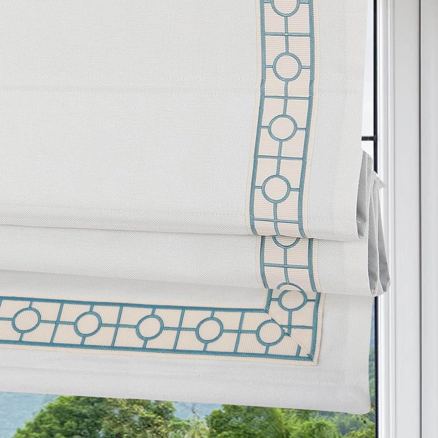 Cordless Roman Shades, Blackout Roman Shades, White Embroidered Blue Border Window Shades for Windows, Doors, Kitchen Windows