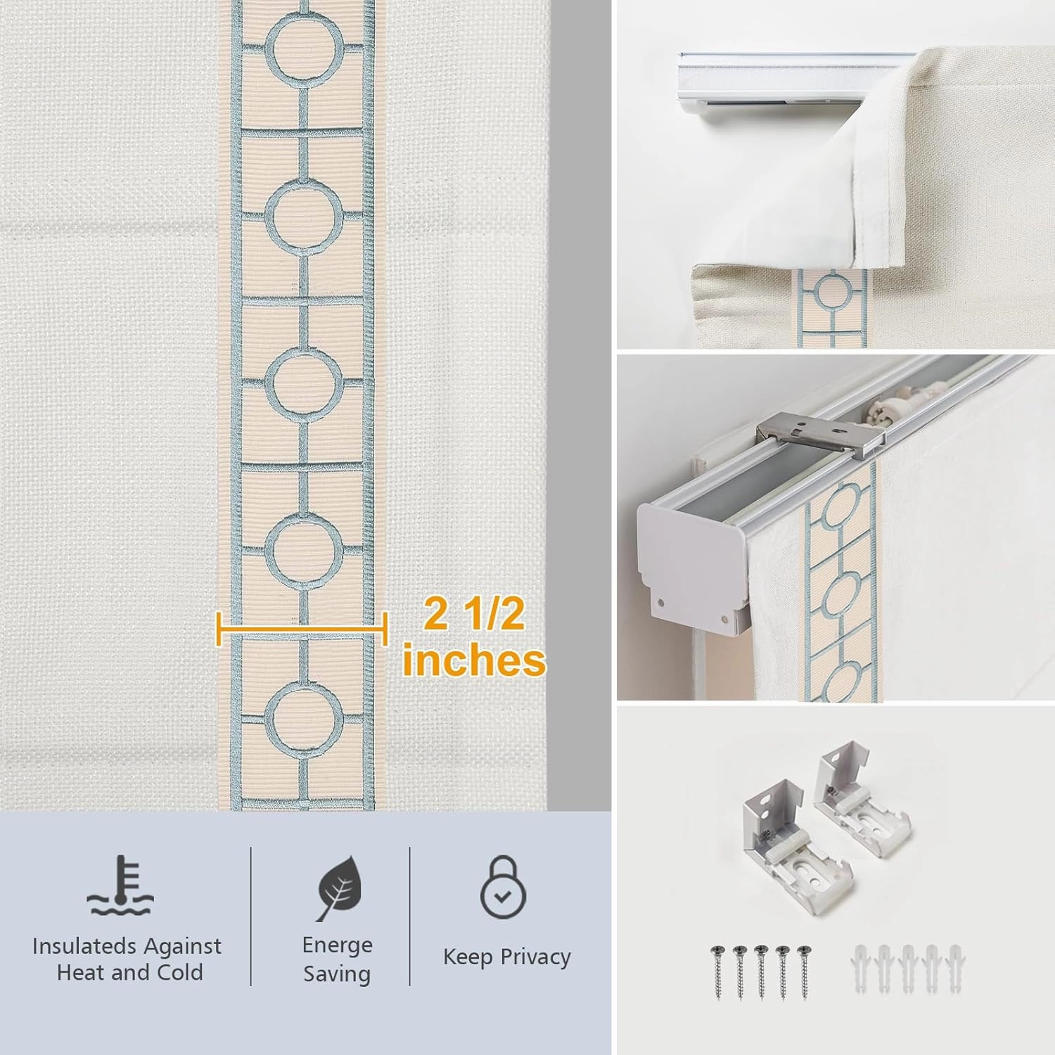 Cordless Roman Shades, Blackout Roman Shades, White Embroidered Blue Border Window Shades for Windows, Doors, Kitchen Windows