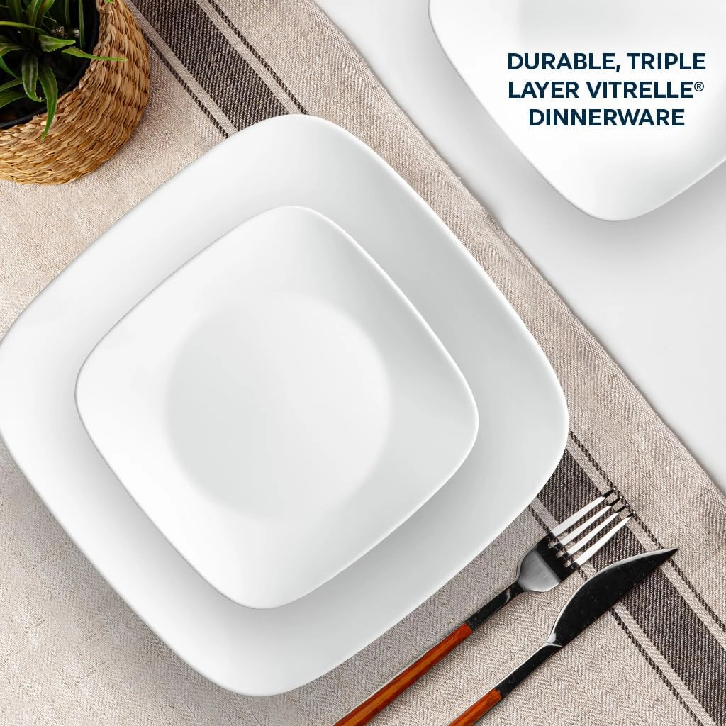 Corelle Vitrelle 18-Piece Service for 6 Square Dinnerware Set Triple Layer Glass and Chip Resistant, Lightweight Square Plates and Bowls Set, Pure White