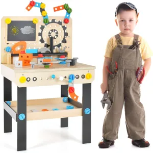 Costzon Kids Tool Bench, Wooden Pretend Workbench w/ 81 Accessories, Blackboard, Realistic Role Play Construction Building Tool Set, Indoor Outdoor Power Tool Workshop for Boys Girls 3 