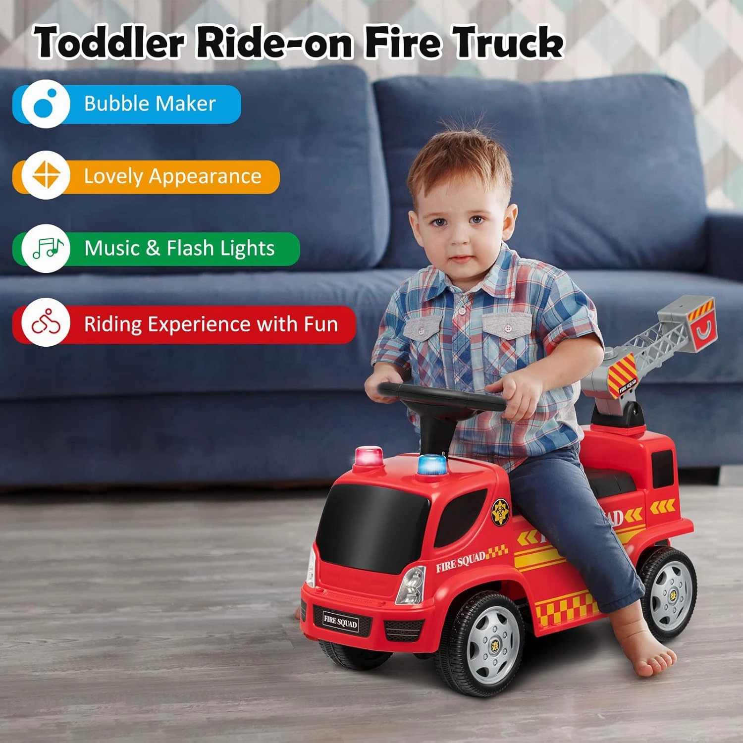 Costzon Kids Ride On Fire Truck, Ride On Push Car with Ladder Bubble Maker, Headlights, Siren Sounds & Music, Foot-to-Floor Sliding Car for Toddlers, Gift for Boys Girls Aged 18-36 Months