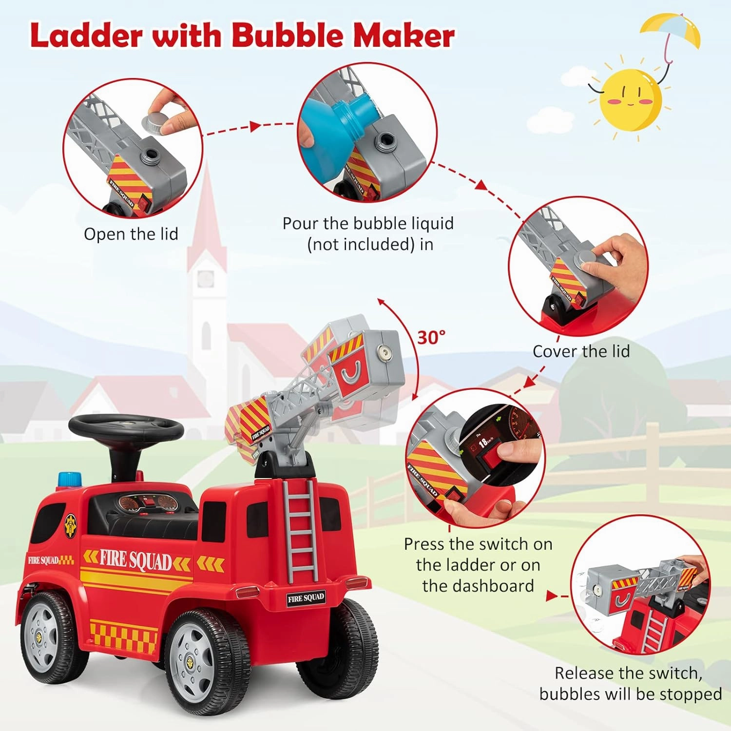 Costzon Kids Ride On Fire Truck, Ride On Push Car with Ladder Bubble Maker, Headlights, Siren Sounds & Music, Foot-to-Floor Sliding Car for Toddlers, Gift for Boys Girls Aged 18-36 Months