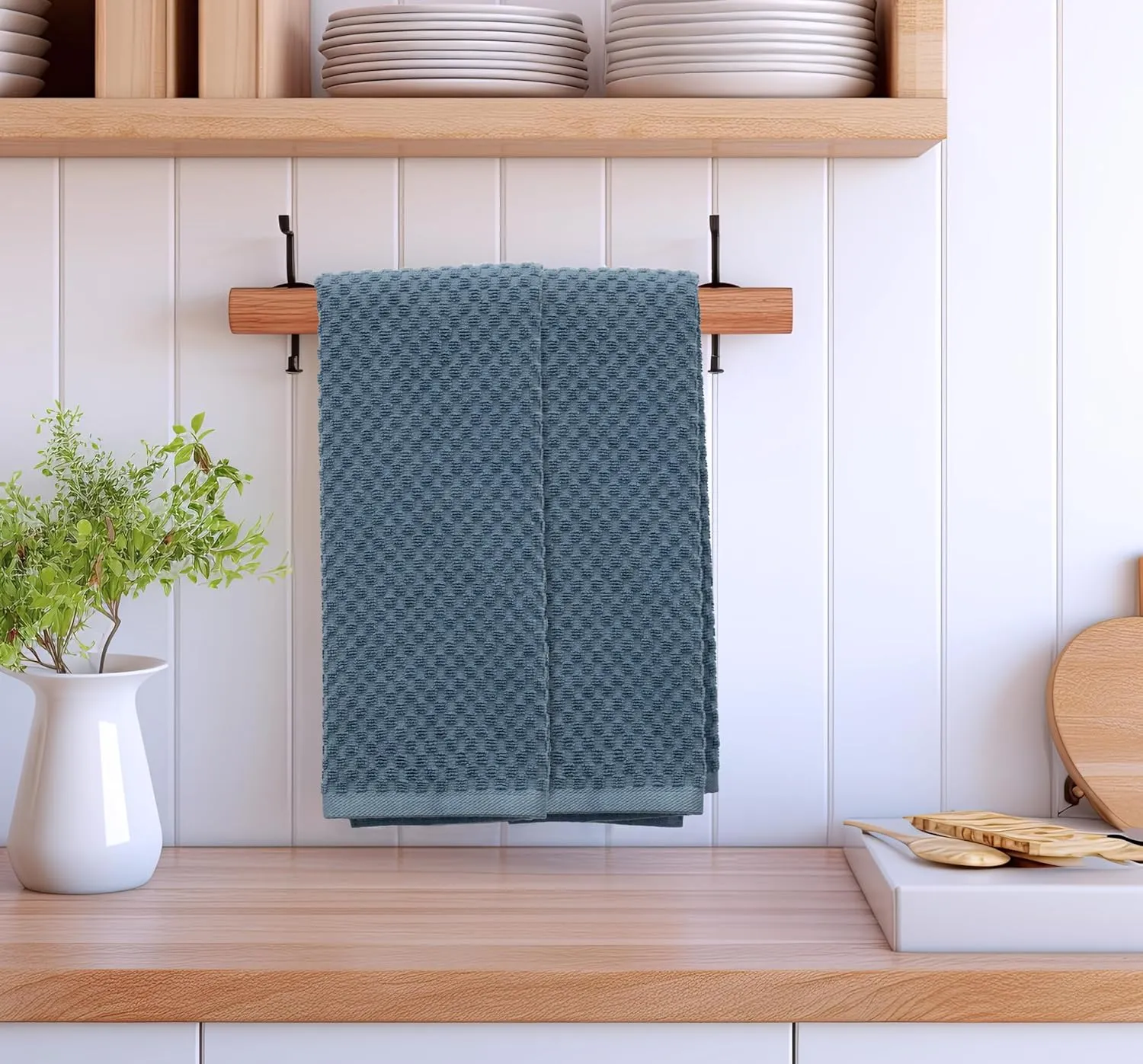 COTTON CRAFT Amazing Kitchen Towel - Set of 12 Terry Towels - 100% Cotton Euro Café Waffle Weave Dish Towel Set - Soft Absorbent Quick Dry Low Lint Reusable Pantry Bar Cleaning Cloth - 16 x 28 - Blue