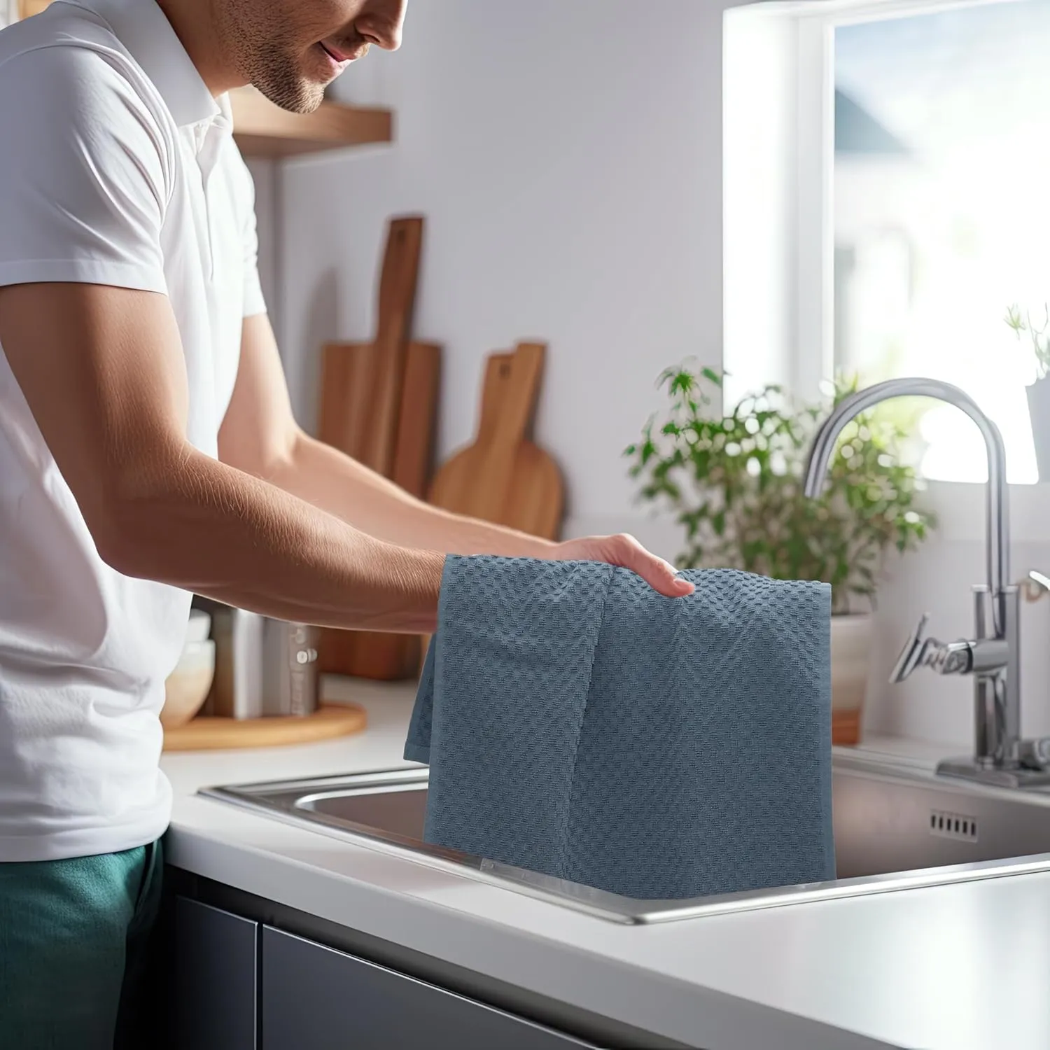 COTTON CRAFT Amazing Kitchen Towel - Set of 12 Terry Towels - 100% Cotton Euro Café Waffle Weave Dish Towel Set - Soft Absorbent Quick Dry Low Lint Reusable Pantry Bar Cleaning Cloth - 16 x 28 - Blue