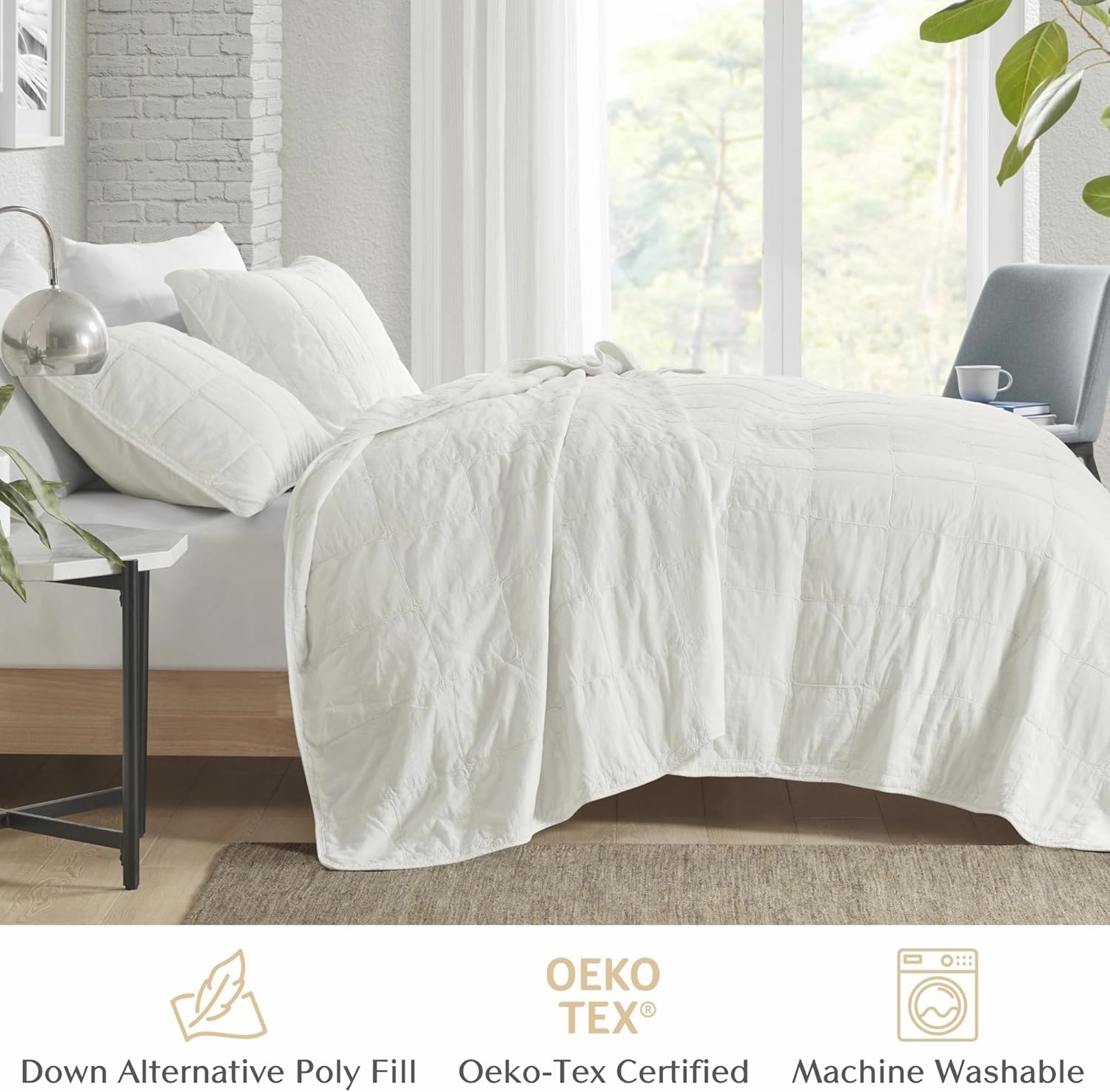 CROSCILL Quilt Set Casual Cord Quilting, Oversized Coverlet for Queen Size Bed, Grid-Patterned Texture, All Season, Lightweight & Soft Pre-Washed Cotton Coverlet Bedspread, Shams, Gema, White 3 Piece
