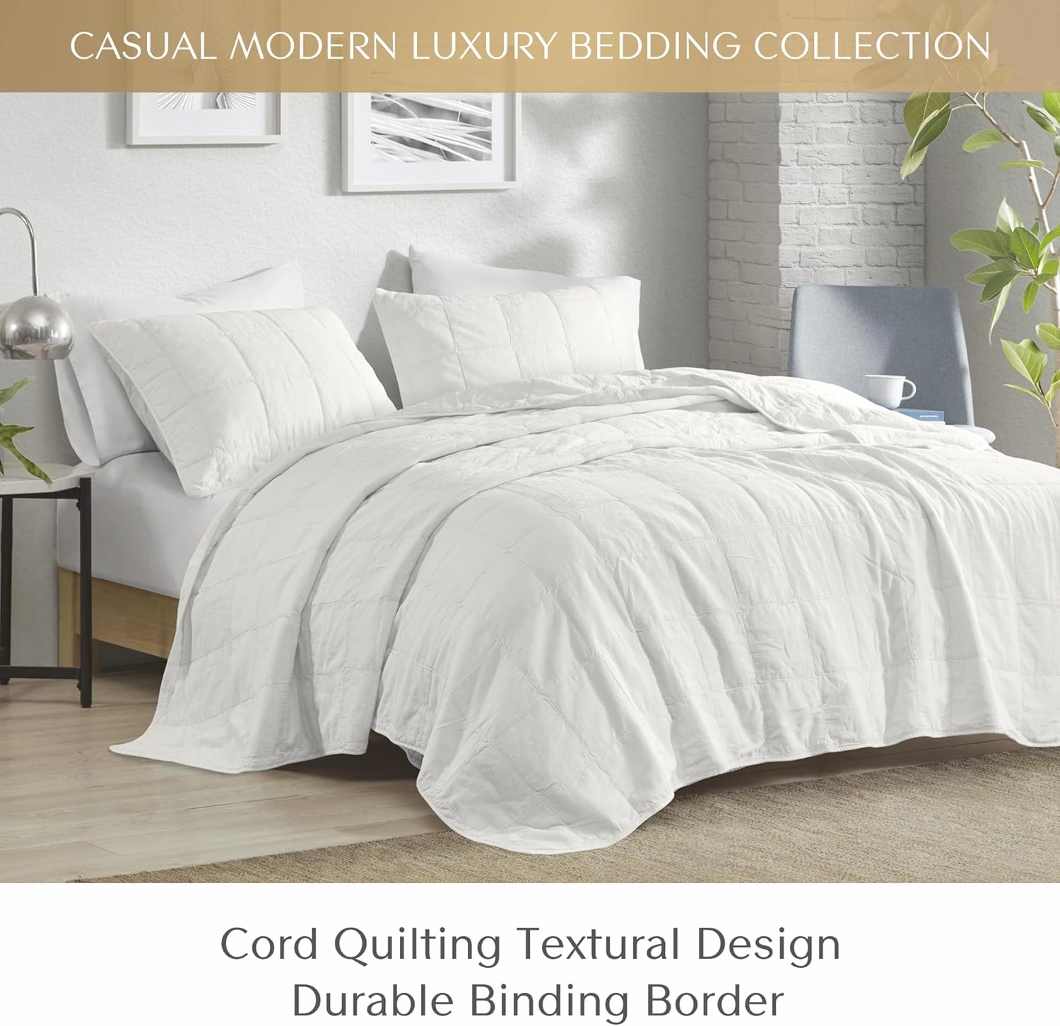 CROSCILL Quilt Set Casual Cord Quilting, Oversized Coverlet for Queen Size Bed, Grid-Patterned Texture, All Season, Lightweight & Soft Pre-Washed Cotton Coverlet Bedspread, Shams, Gema, White 3 Piece