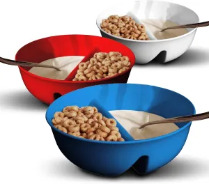 Crunch Anti-Soggy Cereal Bowl - Keeps Cereal Crunchy | BPA Free | Microwave Safe | Ice Cream & Topping, Yogurt & Berries, Fries & Ketchup & More - Red, White & Blue - Pack of 3