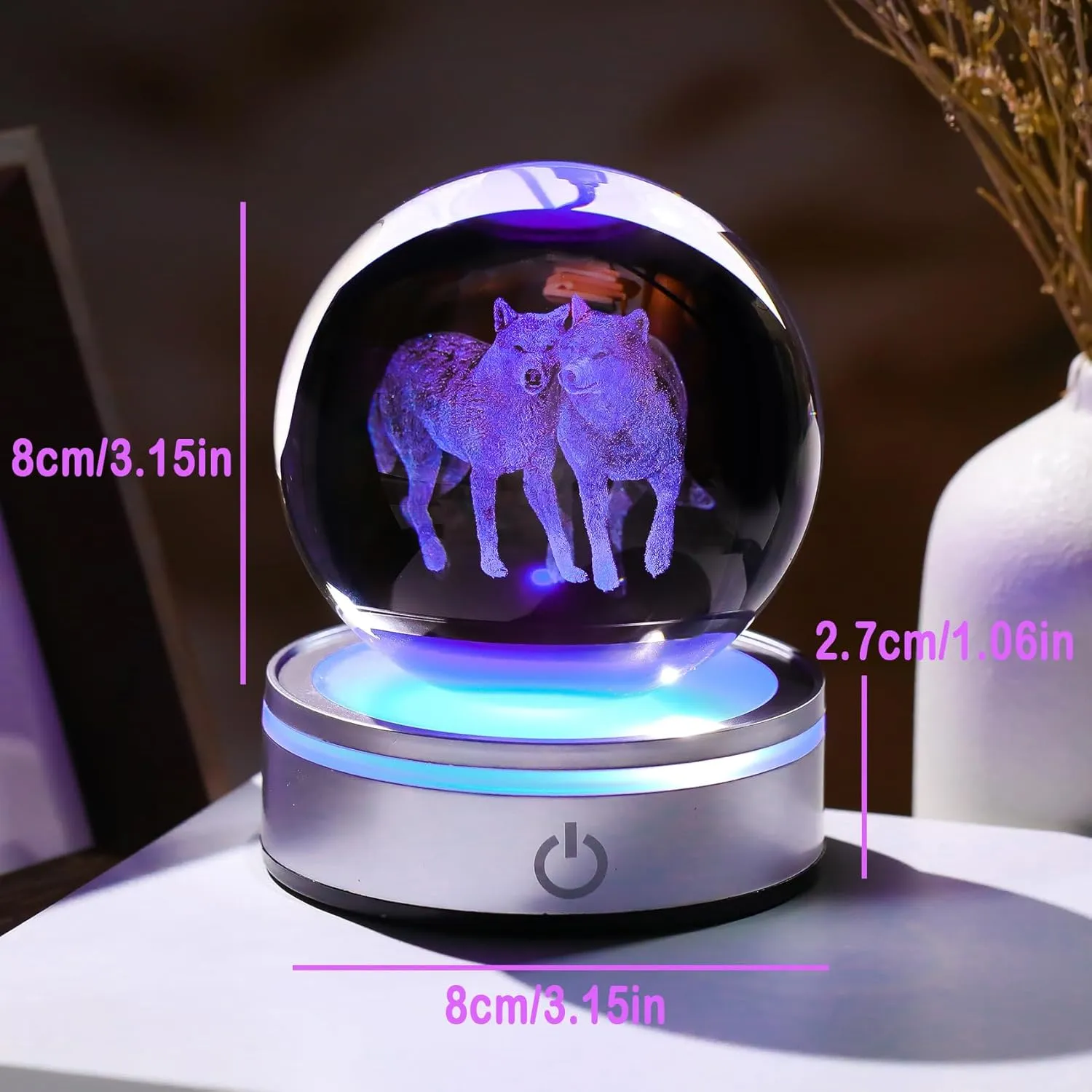 Crystal 3D Wolves 3.15in Ball Figurine Gifts for Men, Collectible Glass Animal Art Sphere for Room with LED Light Base Keepsakes for Wolf Lovers Home Decor Paperweight