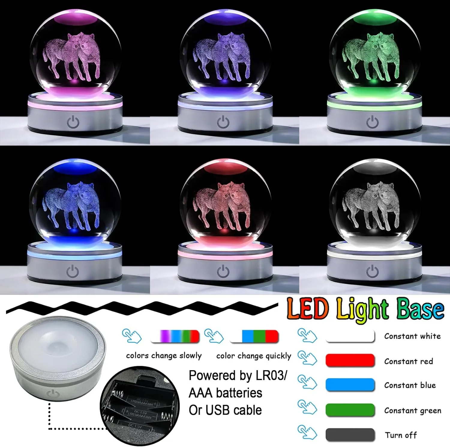Crystal 3D Wolves 3.15in Ball Figurine Gifts for Men, Collectible Glass Animal Art Sphere for Room with LED Light Base Keepsakes for Wolf Lovers Home Decor Paperweight