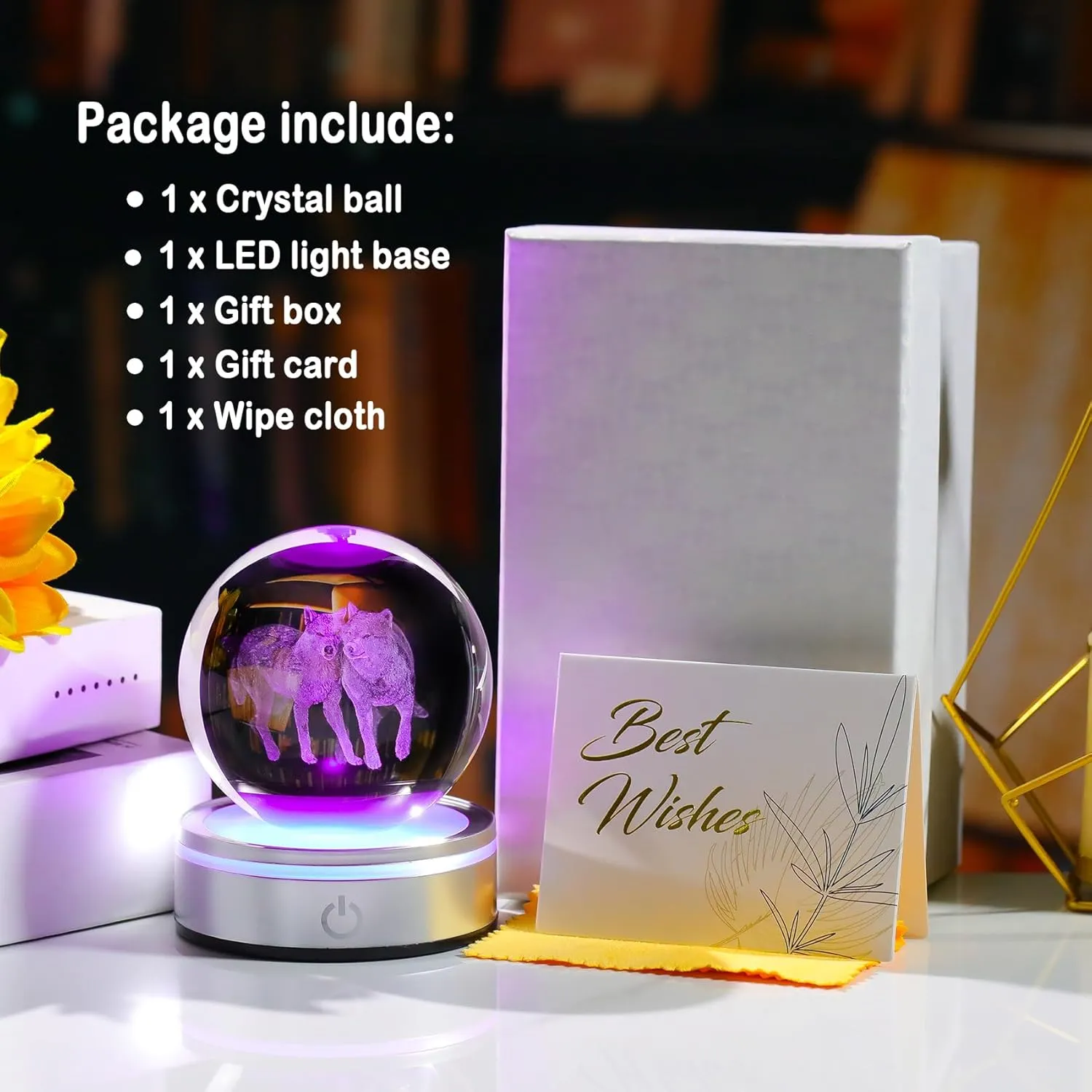 Crystal 3D Wolves 3.15in Ball Figurine Gifts for Men, Collectible Glass Animal Art Sphere for Room with LED Light Base Keepsakes for Wolf Lovers Home Decor Paperweight
