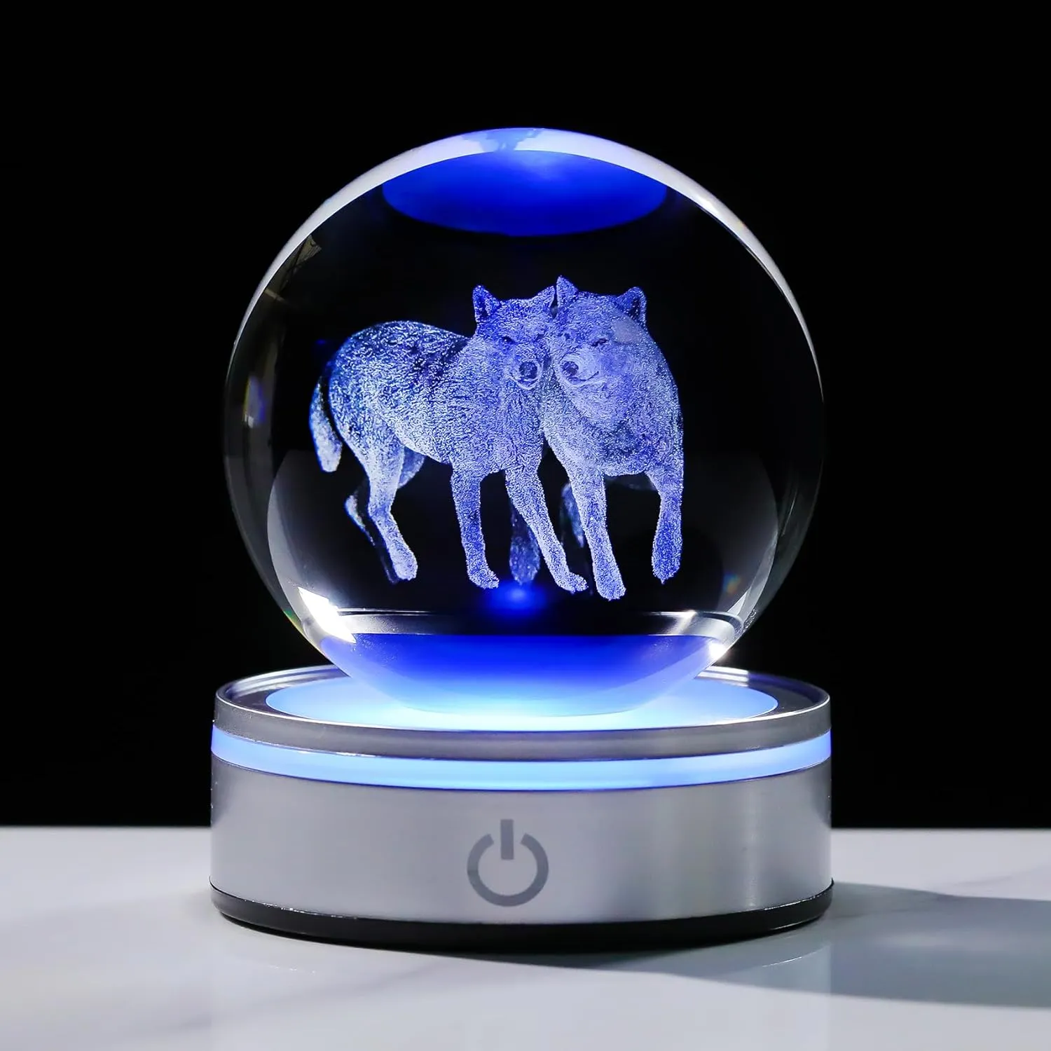 Crystal 3D Wolves 3.15in Ball Figurine Gifts for Men, Collectible Glass Animal Art Sphere for Room with LED Light Base Keepsakes for Wolf Lovers Home Decor Paperweight