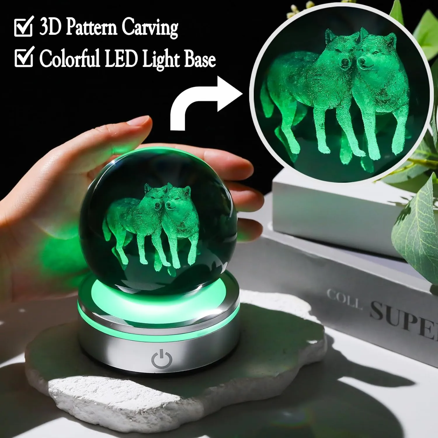 Crystal 3D Wolves 3.15in Ball Figurine Gifts for Men, Collectible Glass Animal Art Sphere for Room with LED Light Base Keepsakes for Wolf Lovers Home Decor Paperweight