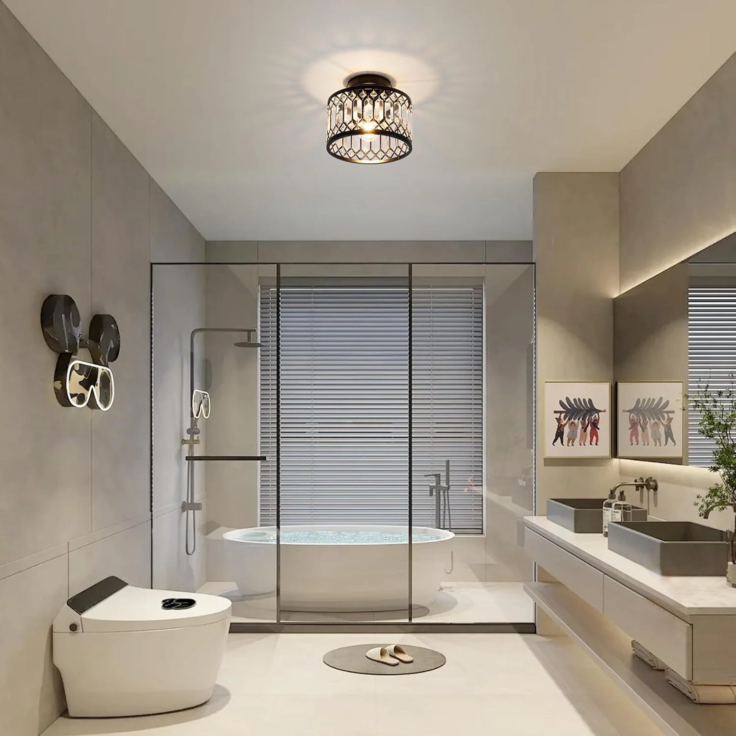Crystal Ceiling Light Fixture, Modern Semi Flush Mount Ceiling Light,Crystal Chandelier for Kitchen Bedroom Bathroom Entryway Black (Bulb not Included)