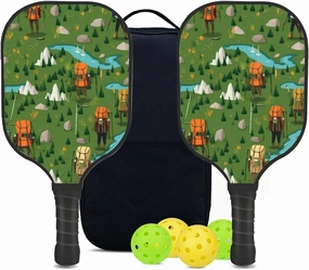 Custom Pickleball Paddles Set with 2 Pickleball Rackets 4 Pickle Balls 1 Carry Bag, Hiking-BJ290 Pattern, Carbon Fiber,Honeycomb Polymer Core & Comfort Grip
