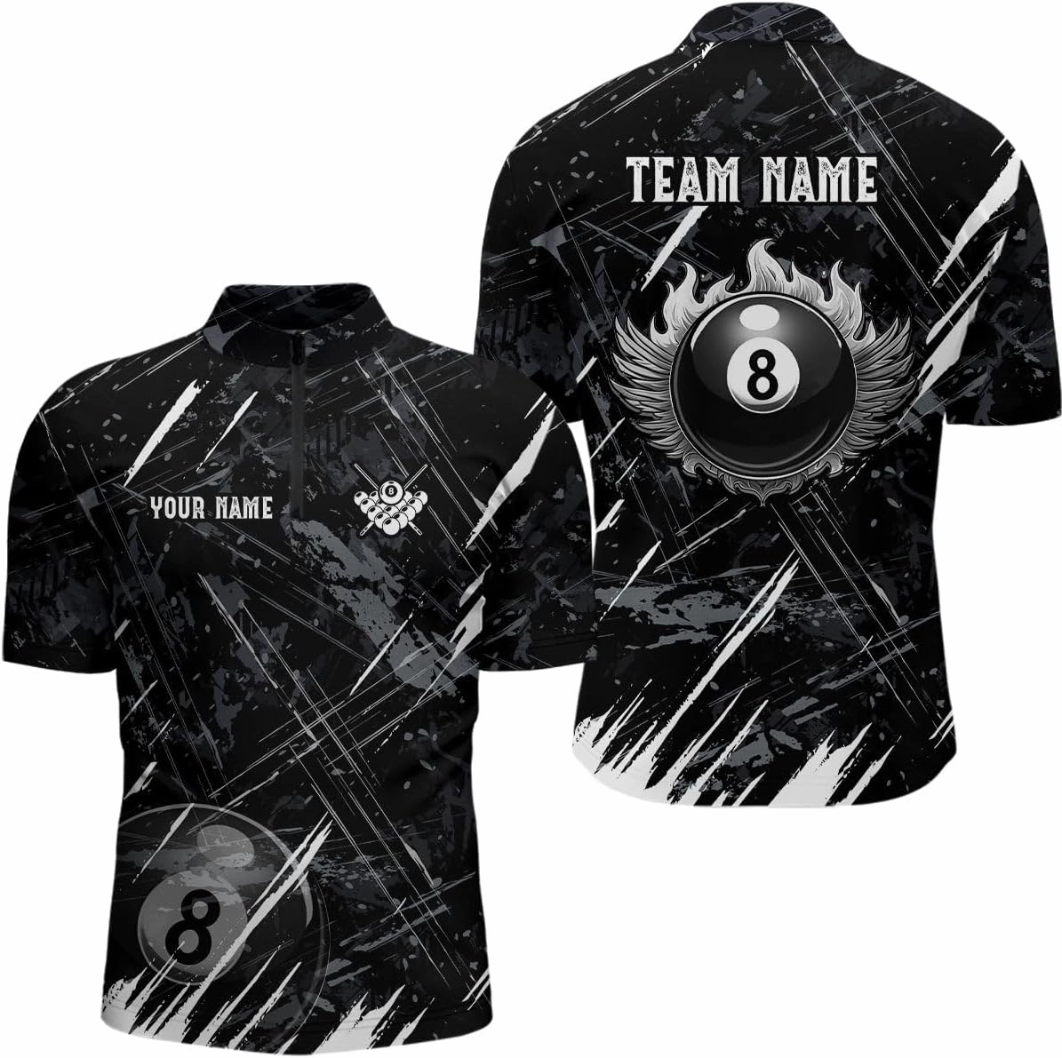 Customized Billiard Jerseys, 8 Ball Shirt, Billiards Shirts for Men, Red Grunge 8 Ball Quarter-Zip Pool