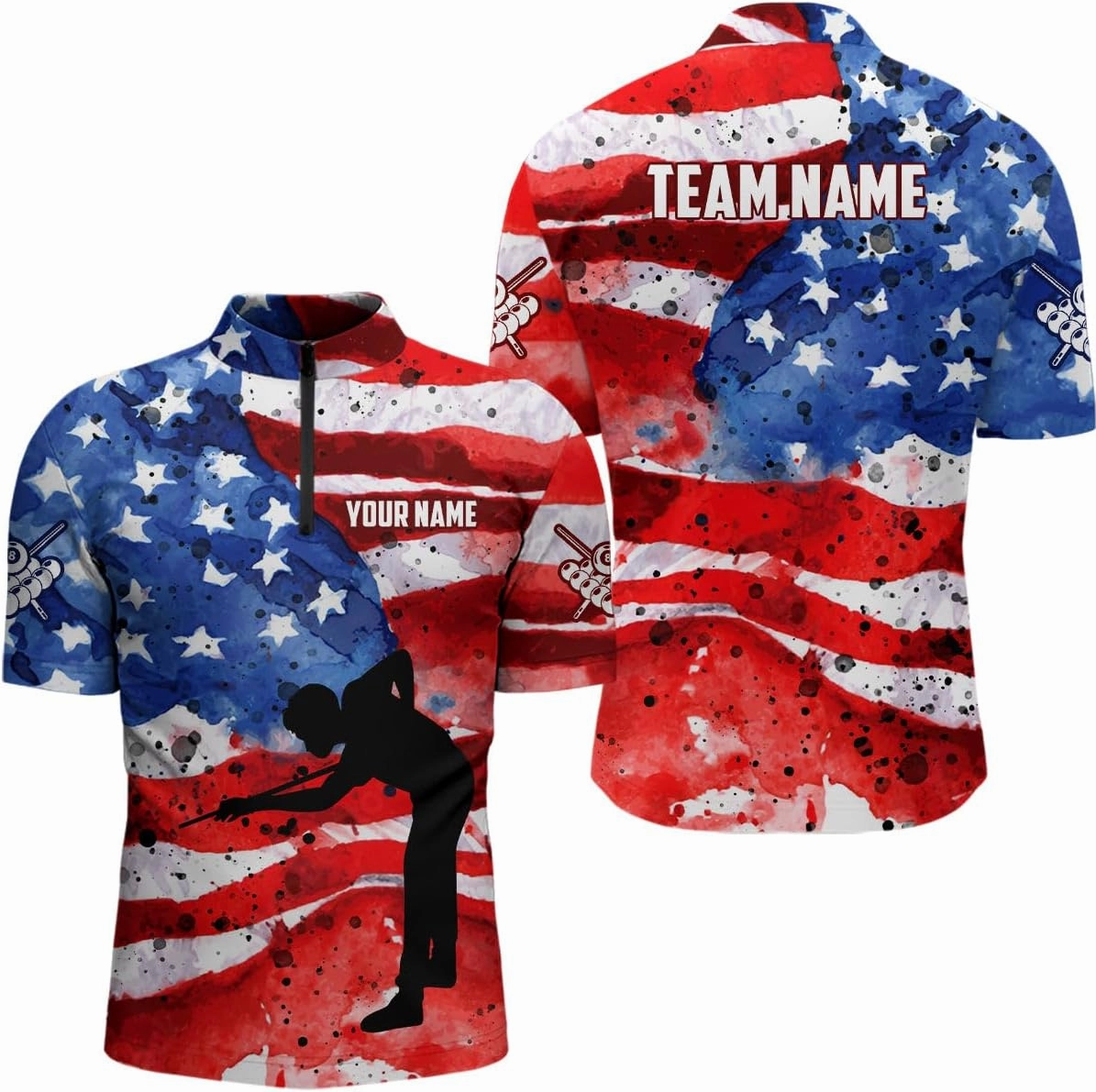 Customized Billiard Jerseys, 8 Ball Shirt, Billiards Shirts for Men, Red Grunge 8 Ball Quarter-Zip Pool
