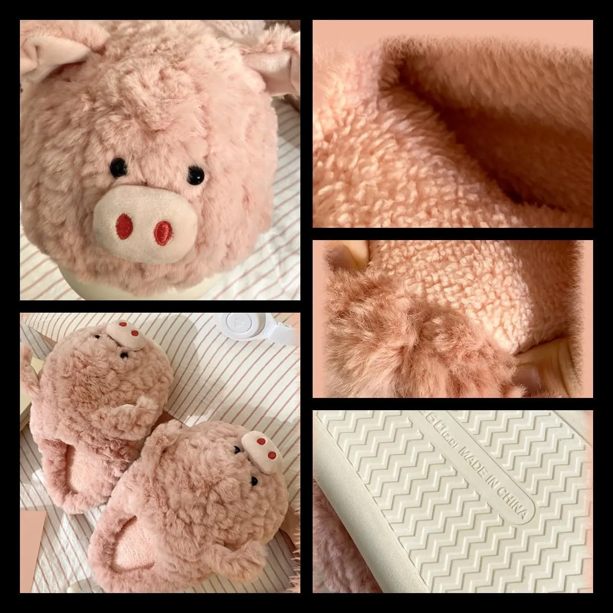 Cute Kawaii Pig Plush Fuzzy Soft Warm Fluffy House Slippers for Women Anti-Slip Rubber Sole Slides